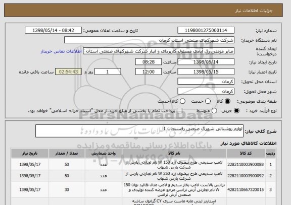 استعلام لوازم روشنائی شهرک صنعتی رفسنجان 1