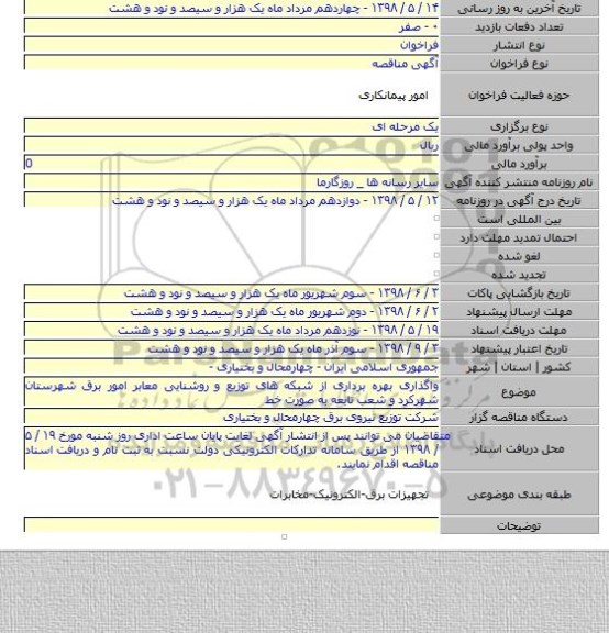 واگذاری بهره برداری از شبکه های توزیع و روشنایی معابر امور برق شهرستان شهرکرد و شعب تابعه به صورت خط