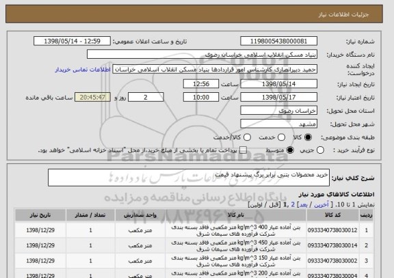 استعلام خرید محصولات بتنی برابر برگ پیشنهاد قیمت 