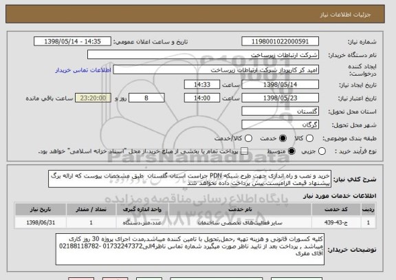 استعلام خرید و نصب و راه اندازی جهت طرح شبکه PDN حراست استان گلستان  طبق مشخصات پیوست که ارائه برگ پیشنهاد قیمت الزامیست.پیش پرداخت داده نخواهد شد