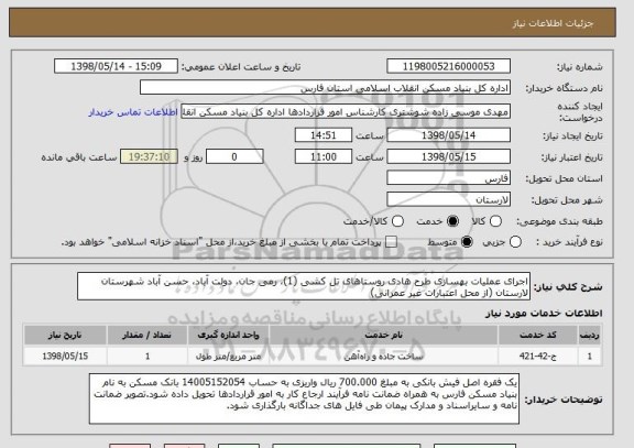 استعلام اجرای عملیات بهسازی طرح هادی روستاهای تل کشی (1)، رمی جان، دولت آباد، حسن آباد شهرستان لارستان (از محل اعتبارات غیر عمرانی)