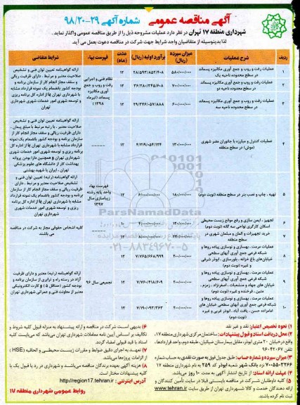 آگهی مناقصه عمومی , مناقصه عملیات رفت و روب جمع آوری مکانیزه پسماند در سطح  و...