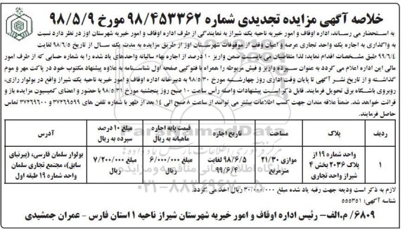 تجدید مزایده, تجدید مزایده واگذاری به اجاره یک واحد تجاری