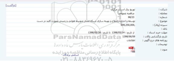 مناقصه, مناقصه توسعه و احداث، اصلاح و بهینه سازی شبکه فشار متوسط هوایی 