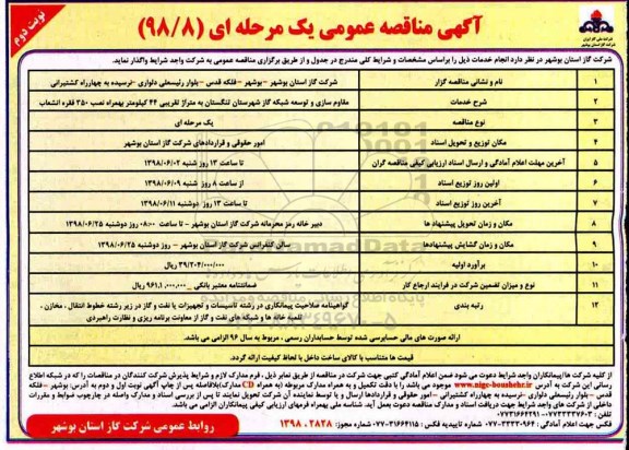 مناقصه ، مناقصه مقاوم سازی و توسعه شبکه گاز شهرستان نوبت دوم 