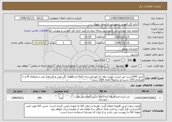 استعلام خرید 400دست تی شرت جوردن یقه دار دور دوز سه دکمه در رنگهای گل بهی و فسفری ودر سایزهای M و L هرکدام 100 دست و سایزXL تعداد 200 دست