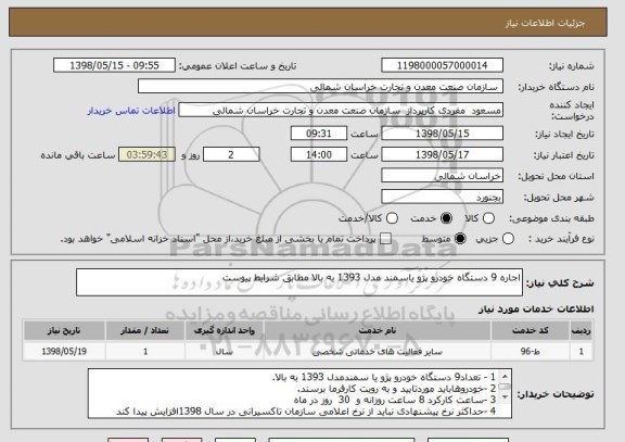 استعلام اجاره 9 دستگاه خودرو پژو یاسمند مدل 1393 به بالا مطابق شرایط پیوست