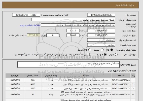 استعلام دستکش های مصرفی بیمارستان