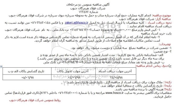 مناقصه, مناقصه انجام کلیه عملیات جمع آوری سرباره مذاب