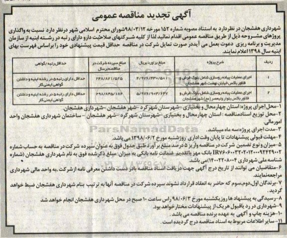 تجدید مناقصه, مناقصه اجرای عملیات پیاده روی سازی ...تجدید