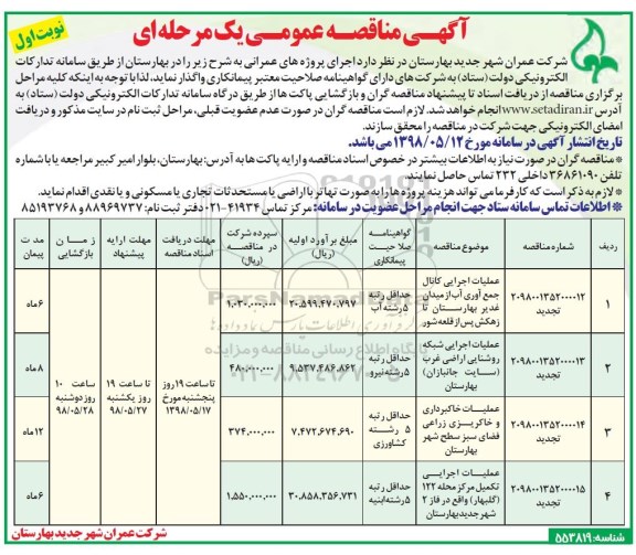 آگهی مناقصه عمومی , مناقصه عملیات اجرایی کانال جمع آوری آب و ... 