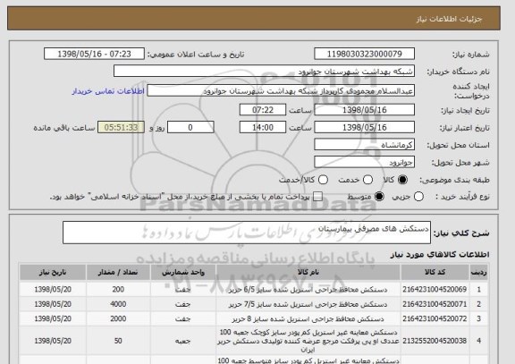 استعلام دستکش های مصرفی بیمارستان