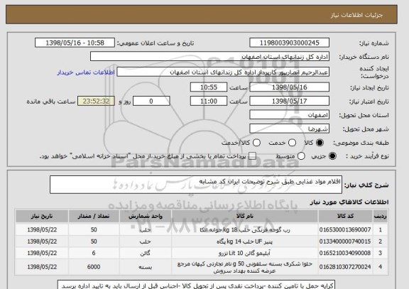 استعلام اقلام مواد غذایی طبق شرح توضیحات ایران کد مشابه
