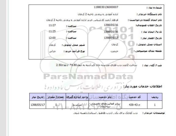 استعلام ساخت 2عدد درب فلزی مدرسه حاج اکبرآدینه به ابعاد4.80*  ارتفاع2.50