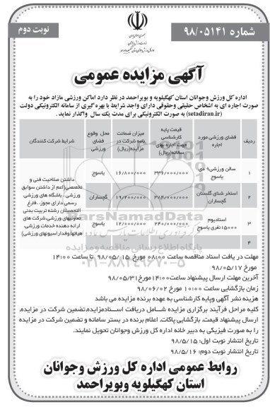 مزایده، مزایده واگذاری به اجاره اماکن ورزشی  نوبت دوم 