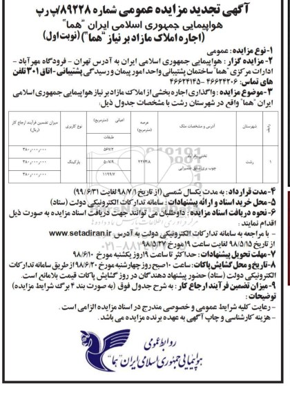 تجدید مزایده، تجدید مزایده اجاره املاک مازاد