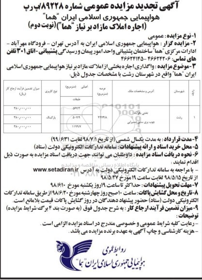 تجدید مزایده، تجدید مزایده اجاره املاک مازاد - نوبت دوم