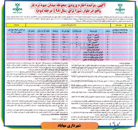مزایده ، مزایده اجاره ورودی محوطه میدان میوه و تره بار - مرحله دوم 