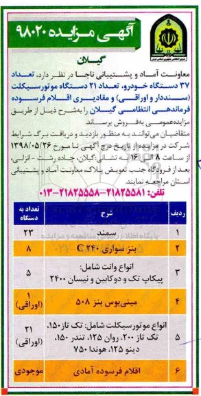 مزایده , مزایده تعداد 37 دستگاه خودرو ...