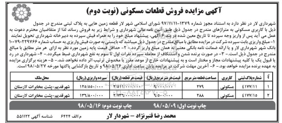 مزایده ،مزایده فروش قطعات مسکونی نوبت دوم 