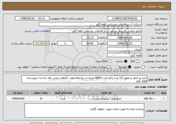 استعلام خرید و حمل و نحویل 10 عدد تانکر ثابت 5000 لیتری در روستای زیارت گیاهان بخش چاه دادخدا شهرستان قلعه گنج