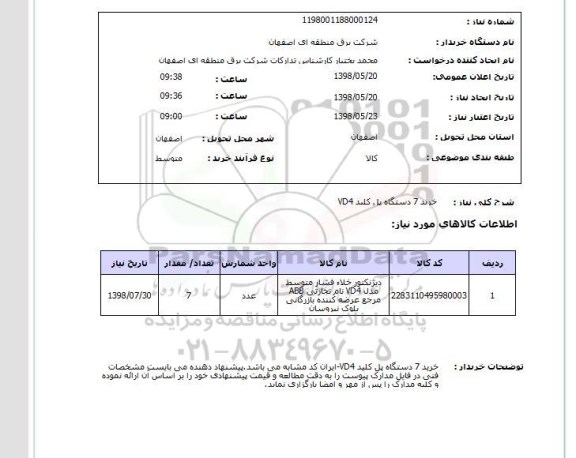 استعلام خرید 7 دستگاه پل کلید VD4