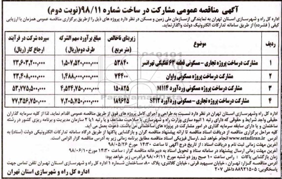 آگهی مناقصه عمومی,مناقصه مشارکت در ساخت - نوبت دوم 