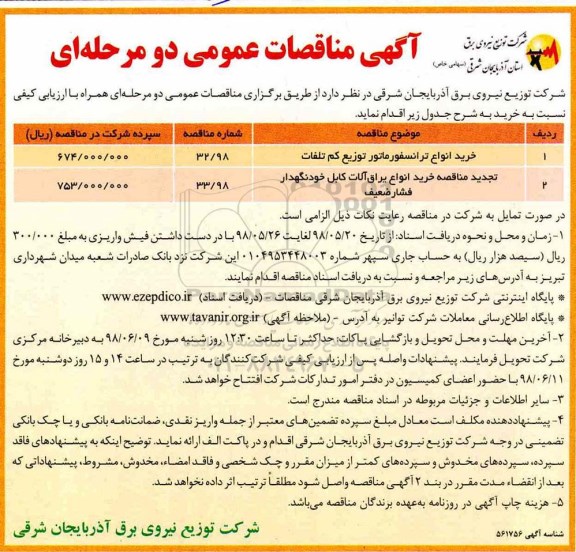 مناقصه , مناقصه خرید انواع ترانسفورماتور توزیع کم تلفات 