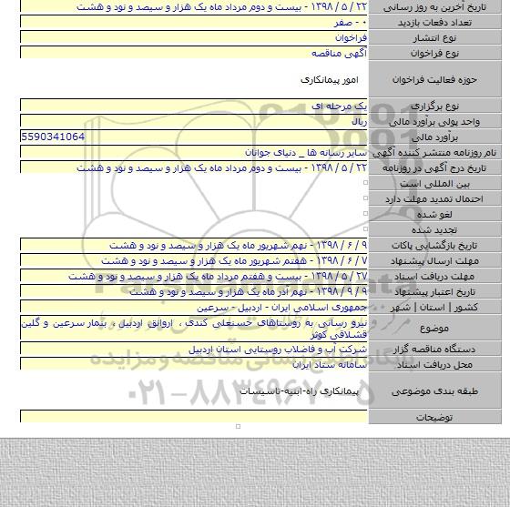 نیرو رسانی به روستاهای حسنعلی کندی ٬ اروانق اردبیل ٬ بنمار  سرعین و گلین قشلاقی کوثر