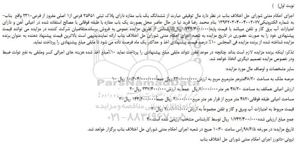 مزایده، مزایده فروش ششدانگ یک باب مغازه دارای پلاک ثبتی 25651 فرعی از1 اصلی