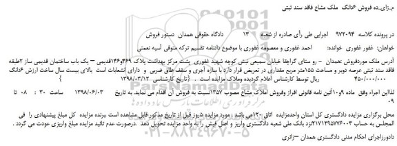 مزایده، مـزایـده فروش 6دانگ  ملک مشاع فاقد سند ثبتی
