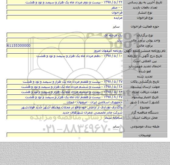 واگذاری تعدادی از اراضی خود واقع در محلات مختلف شهر جدید فولادشهر