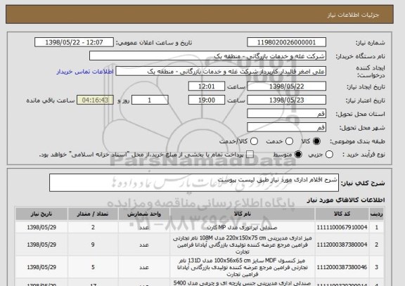 استعلام شرح اقلام اداری مورد نیاز طبق لیست پیوست