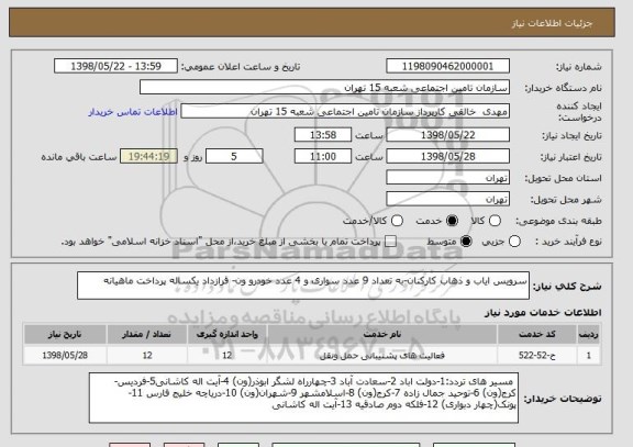 استعلام سرویس ایاب و ذهاب کارکنان-به تعداد 9 عدد سواری و 4 عدد خودرو ون- قرازداد یکساله پرداخت ماهیانه   