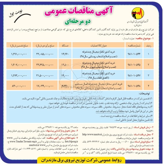 مناقصه , مناقصه خرید کنتور تک فاز دیجیتال چند تعرفه  و...