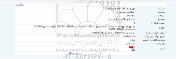 مناقصه خرید انواع لامپ بخار سدیم