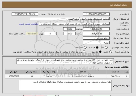 استعلام تامین لوله پلی اتیلن 450 ده بار با اتصالات مربوطه با دستمزد لوله کشی  محل شکستگی لوله های خط انتقال آب شهرک صنعتی خوی