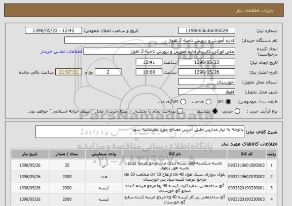 استعلام باتوجه به نیاز مدارس طبق آدرس مصالح مورد نظرتخلیه شود 