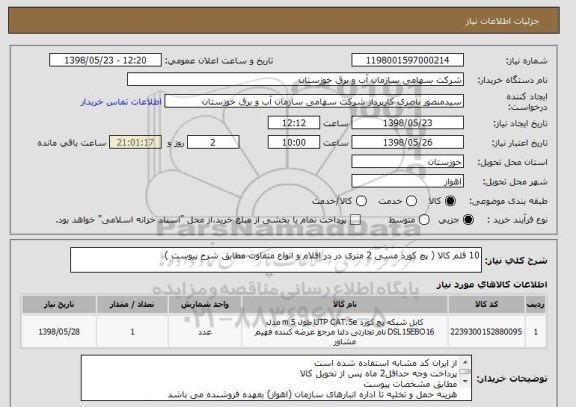 استعلام 10 قلم کالا ( پچ کورد مسی 2 متری در در اقلام و انواع متفاوت مطابق شرح پیوست )
