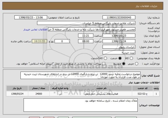 استعلام موضوع درخواست تخلیه حدود 12000  تن برنج و بارگیری 12000 تن برنج در انبارهای شهرستان تربت حیدریه در طول مدت قرارداد به صورت موردی