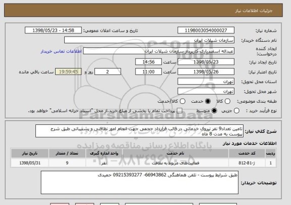 استعلام تامین تعداد9 نفر نیروی خدماتی در قالب قرارداد حجمی جهت انجام امور نظافتی و پشتیبانی طبق شرح پیوست به مدت 8 ماه 