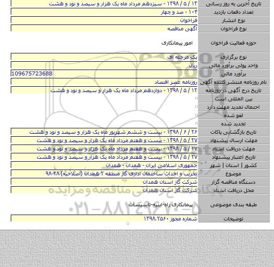 تخریب و احداث ساختمان اداری گاز منطقه ۲ همدان (اصلاحیه) ۲۸-۹۸
