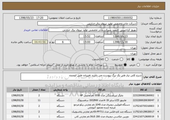 استعلام شرح کلی نیاز طی یک برگ پیوست می باشد تغییرات طبق لیست