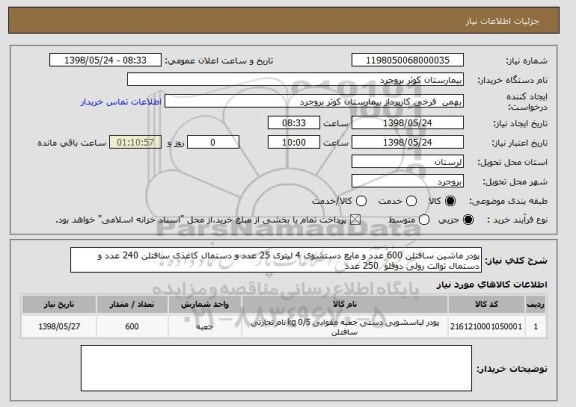استعلام پودر ماشین سافتلن 600 عدد و مایع دستشوی 4 لیتری 25 عدد و دستمال کاغذی سافتلن 240 عدد و دستمال توالت رولی دوقلو  250 عدد 
