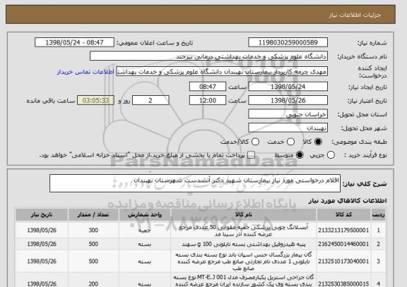استعلام اقلام درخواستی مورد نیاز بیمارستان شهید دکتر آتشدست شهرستان نهبندان