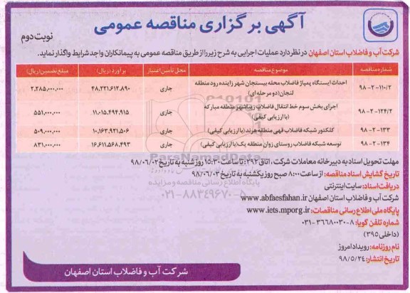 مناقصه  ، مناقصه احداث ایستگاه پمپاژ فاضلاب محله  و...نوبت دوم 