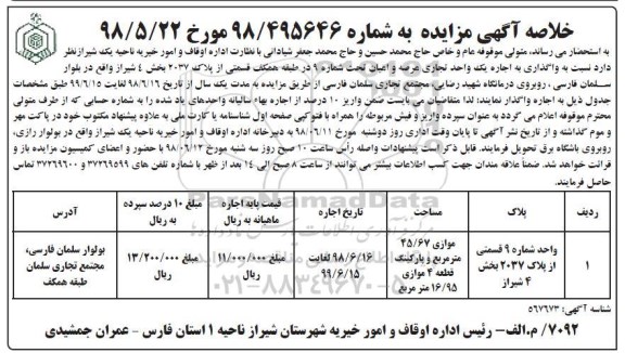 واگذاری به اجاره یک واحد تجاری عرصه و اعیان تحت شماره 9