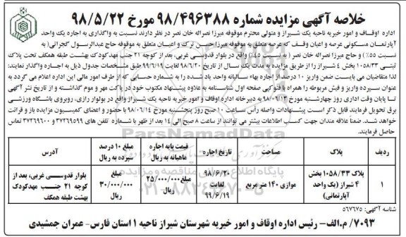 مزایده ،مزایده اجاره یک واحد آپارتمان مسکونی