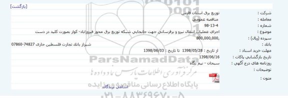 مناقصه, مناقصه اجرای عملیات انتقال نیرو و برقرسانی جهت جابجایی شبکه توزیع