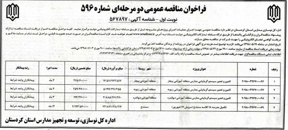 فراخوان مناقصه عمومی , مناقصه تامین و تعمیر سیستم گرمایشی مدارس ...